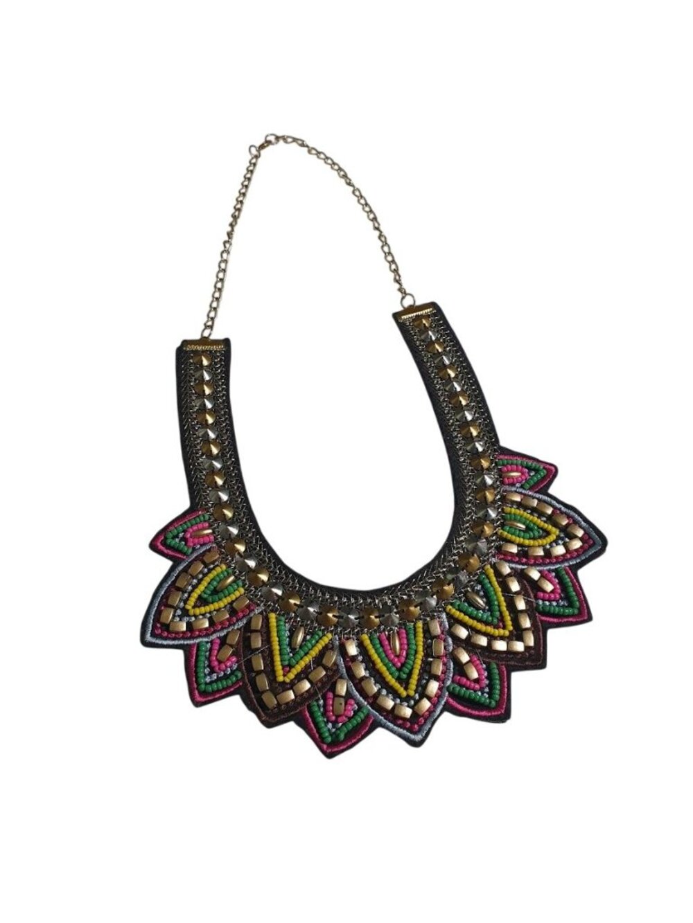 Statement Beaded Collar Necklace Boho Chic Multicolor Bold Gold Chain Bib Style